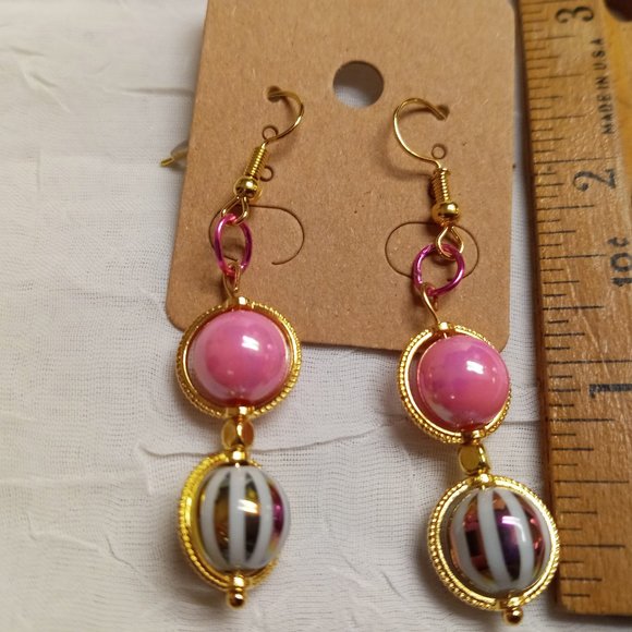 Steel Handmade Hand Crafted Pink & Rainbow Beaded Dangle Earrings Jewelry #52 - Picture 8 of 8